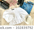 Spring/Summer clothes puff sleeve blouse and blue denim pants coordination 102839792