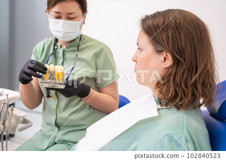 Stomatology specialist with model of human teeth to a patient at a modern dental clinic, discussing the benefits of dental implant surgery, the different types of dental implants 102840523