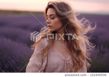 Young pretty woman with long hair standing near lavender field 102840936