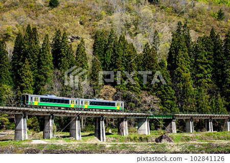 只見線木葉 E120 列車在春天穿過鹿津川大橋(福島縣只見町,5 月清晨) 只見線木葉 E120 列車在春天穿過鹿津川大橋(福島縣只見町,5 月清晨) 102841126