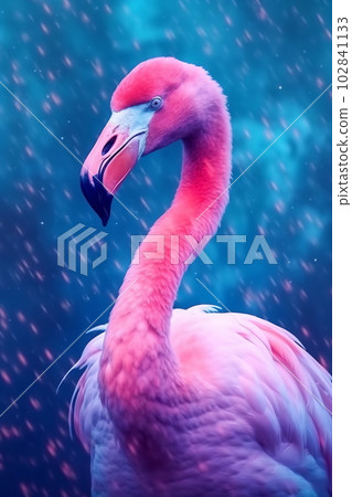 Portrait of a flamingo on a neon blue pink background. Emotive portrait. Looking at the camera 102841133