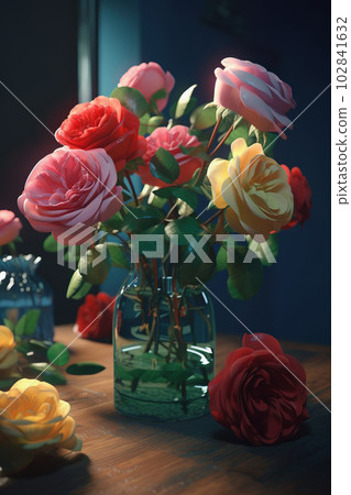 Delicate roses bouquet in green glass vase. Generative AI Delicate roses bouquet in green glass vase. Generative AI 102841632