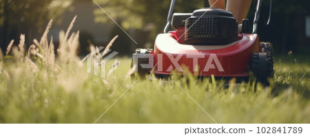 Woman wearing boots and gloves mowing the lawn with a motor lawnmower on a sunny day. AI Generative. Woman wearing boots and gloves mowing the lawn with a motor lawnmower on a sunny day. AI Generative. 102841789