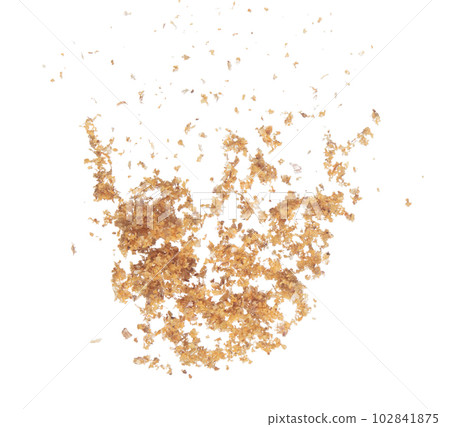 Fried Garlic pour fall down explosion, golden yellow fried garlic float abstract fly. Beautiful fried garlic splash stop in air, food object design. White background isolated high speed freeze Fried Garlic pour fall down explosion, golden yellow fried garlic float abstract fly. Beautiful fried garlic splash stop in air, food object design. White background isolated high speed freeze 102841875
