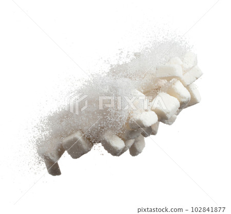 Pure Refined Sugar cube flying explosion, white crystal sugar abstract cloud fly. Pure refined sugar cubes splash stop in air, food object design. white background isolated high speed freeze motion 102841877