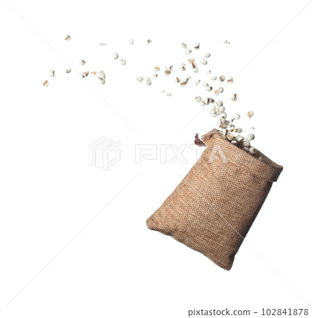 Job's Tear flying in sack bag, white grain job tear float abstract cloud fly. Beautiful job's tear sack bag splash in air, food object design. Wooden background isolated high speed freeze motion 102841878