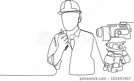 Close up of Caucasian worker with helmet on head using tablet for work while standing in warehouse. Surveyor with a tripod icon. Geodesic tripod. Vector illustration 102841907