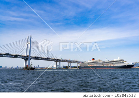 Yokohama City, Kanagawa Prefecture View of a luxury liner and Yokohama seen from a luxury liner cruise 102842538