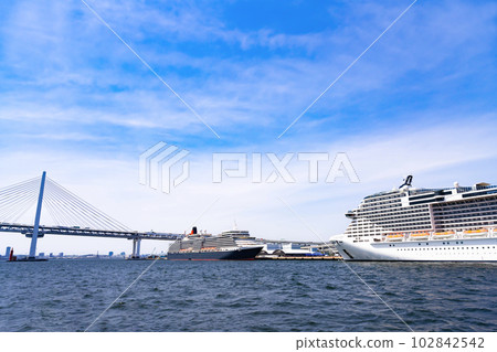 Yokohama City, Kanagawa Prefecture View of a luxury liner and Yokohama seen from a luxury liner cruise 102842542