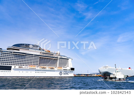 Yokohama City, Kanagawa Prefecture View of a luxury liner and Yokohama seen from a luxury liner cruise 102842543