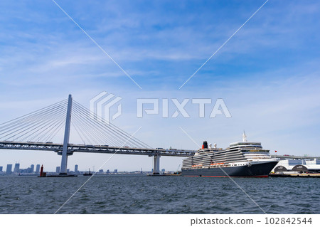 Yokohama City, Kanagawa Prefecture View of a luxury liner and Yokohama seen from a luxury liner cruise 102842544