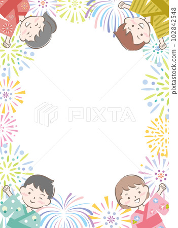 可愛的浴衣夏季節日煙花中的孩子們的框架 102842548