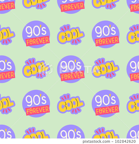 90s seamless pattern with stickers 90s forever and cool. Vector background in cartoon 80s 90s pop art comic style. 90s seamless pattern with stickers 90s forever and cool. Vector background in cartoon 80s 90s pop art comic style. 102842620