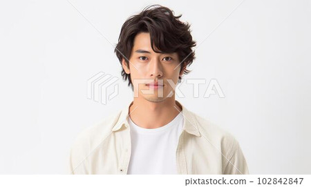 A man with a straight face in a white shirt (Asian, Chinese, Japanese, Korean, Generative AI) 102842847