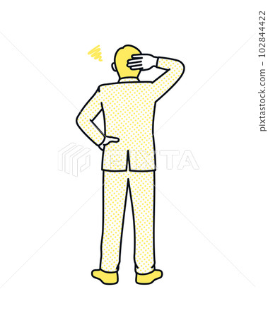 The back view of a businessman scratching his head in embarrassment. Illustration material of a man who hits a wall. 102844422