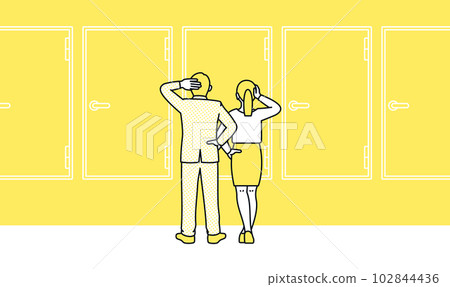 A business person standing in front of the door. Illustration material of men and women who ponder multiple options before. 102844436