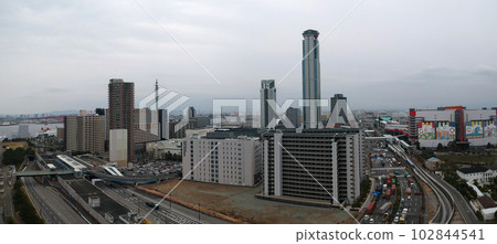 Panoramic view of the townscape of Suminoe Ward on Osaka Bay taken from an aerial view Panoramic view of the townscape of Suminoe Ward on Osaka Bay taken from an aerial view 102844541
