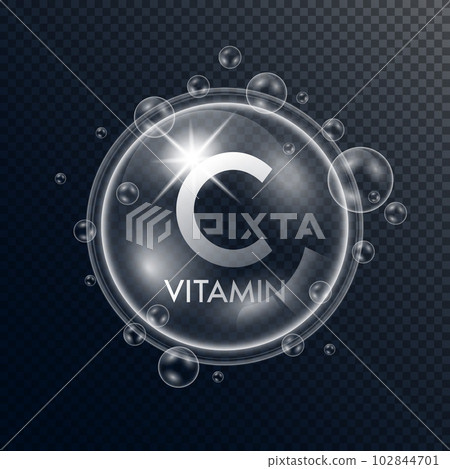 Vitamin C in the form of round oil bubble transparent with collagen white drops water surround. Isolated 3D Vector. Used for advertising cosmetic products design. 102844701