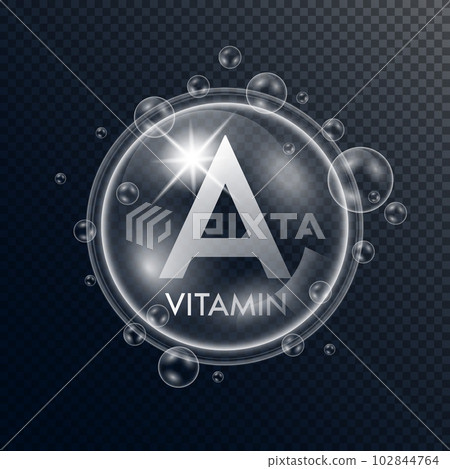 Vitamin A in the form of round oil bubble transparent with collagen white drops water surround. Isolated 3D Vector. Used for advertising cosmetic products design. Vitamin A in the form of round oil bubble transparent with collagen white drops water surround. Isolated 3D Vector. Used for advertising cosmetic products design. 102844764