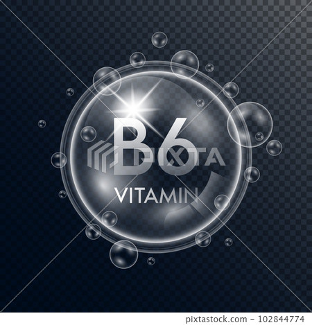 Vitamin B6 in the form of round oil bubble transparent with collagen white drops water surround. Isolated 3D Vector. Used for advertising cosmetic products design. 102844774