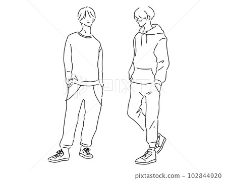 Simple line drawing of two cool men / hand-drawn illustration material 102844920