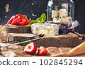 gourmet goat cheese with mold and soft liquid core  102845294