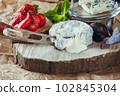 gourmet goat cheese with mold and soft liquid core  102845304