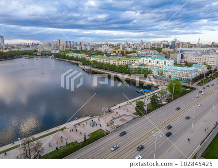 Embankment of the central pond and Plotinka. The historic center of the city of Yekaterinburg, Russia, Aerial View Embankment of the central pond and Plotinka. The historic center of the city of Yekaterinburg, Russia, Aerial View 102845425