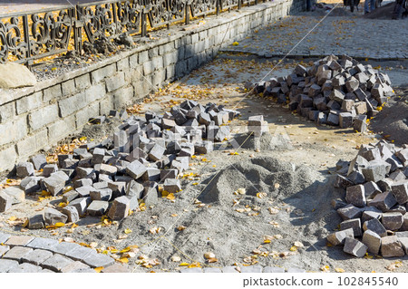 Road renovation involves extensive reconstruction efforts including use of stone. Road renovation involves extensive reconstruction efforts including use of stone. 102845540