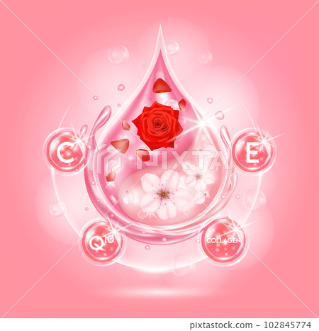 Rose sakura serum. Pink drop water Vitamin C, E, Q10 and collagen organic anti aging serum flower acid natural extracts. Skin care cosmetic. Medical beauty concept. Realistic 3d vector EPS10. Rose sakura serum. Pink drop water Vitamin C, E, Q10 and collagen organic anti aging serum flower acid natural extracts. Skin care cosmetic. Medical beauty concept. Realistic 3d vector EPS10. 102845774