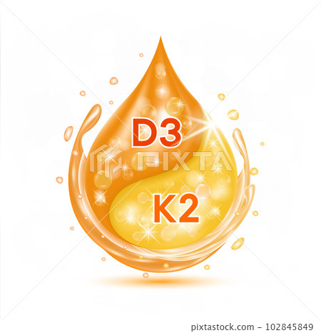 Drop vitamin D3 and K2 for bone health. Pharmaceutical Capsule with minerals orange. Medical and dietary supplement health care concept. 3D Vector EPS10 Drop vitamin D3 and K2 for bone health. Pharmaceutical Capsule with minerals orange. Medical and dietary supplement health care concept. 3D Vector EPS10 102845849
