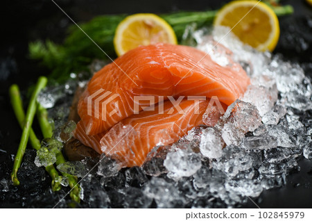 salmon fillet with lemon asparagus herb and spices, fresh raw salmon fish on ice for cooking food seafood salmon fish salmon fillet with lemon asparagus herb and spices, fresh raw salmon fish on ice for cooking food seafood salmon fish 102845979