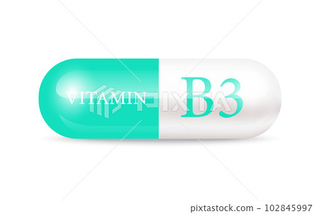 Capsule vitamin B3 (Thiamine) structure green, white. Vitamin complex with chemical formula. Drug business concept. Personal care, beauty concept. 3D Vector Illustration. transparent capsule pill. 102845997