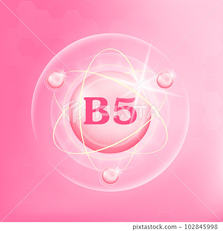 Vitamin B5 icon structure light pink substance. Medicine health symbol of thiamine. Drug business concept. Vector Illustration. 3D Vitamin complex with chemical formula. Personal care, beauty concept Vitamin B5 icon structure light pink substance. Medicine health symbol of thiamine. Drug business concept. Vector Illustration. 3D Vitamin complex with chemical formula. Personal care, beauty concept 102845998