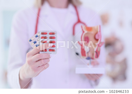 Female doctor holds pills and model of rectum in hands 102846233