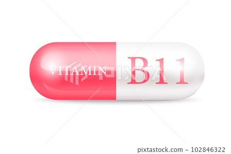 Capsule vitamin B11 (Thiamine) structure pink red, white. 3D Vitamin complex with chemical formula. Drug business concept. Personal care, beauty concept. Vector Illustration. transparent capsule pill. 102846322