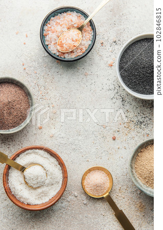 Bowls with assorted speciality salt 102846815