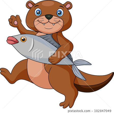Cute otter cartoon with fish 102847049