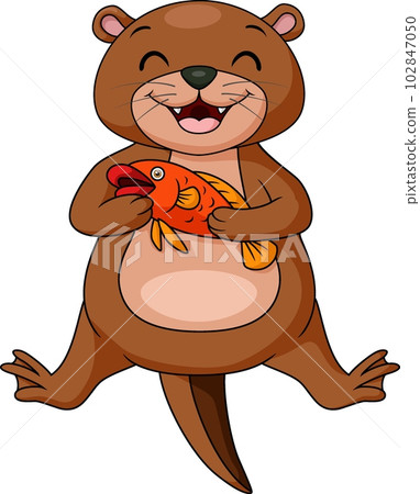 Cute otter cartoon with fish 102847050