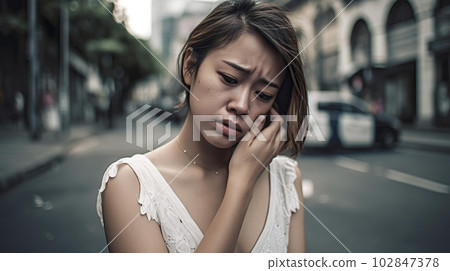 A woman with a sad expression suffering from poverty in a slum (broken heart, despair, sad, Generative AI) A woman with a sad expression suffering from poverty in a slum (broken heart, despair, sad, Generative AI) 102847378