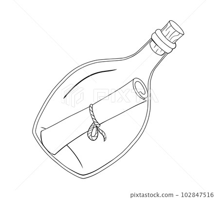 Letter in The Bottle Outline Doodle Sketch. Nautical illustration isolated on white Letter in The Bottle Outline Doodle Sketch. Nautical illustration isolated on white 102847516