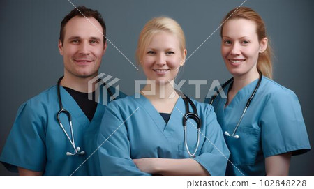 Caucasian doctors, medical workers, men and women of the doctor team (Generative AI) 102848228