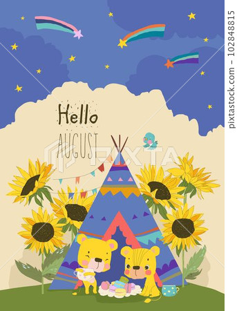 Cute Little Lions drinking tea on Teepee Tent in Sunflowers 102848815