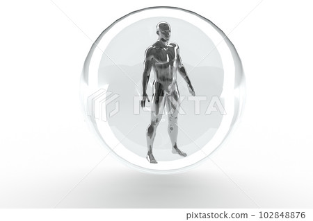 3D illustration of a male silver body on a white background. Metal mannequin in security bubble. 3D illustration of a male silver body on a white background. Metal mannequin in security bubble. 102848876