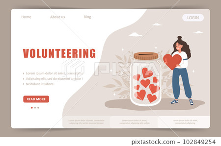 Volunteering landing page template. Woman throw heart in glass jar with red hearts. Give and share your love. Support for poor people and children. Vector illustration in flat cartoon style 102849254