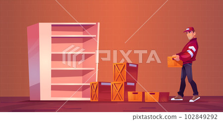 Cartoon delivery man carrying wooden box Cartoon delivery man carrying wooden box 102849292