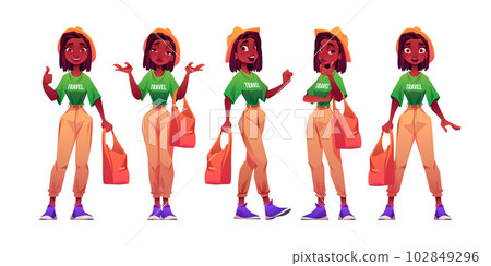 Cartoon set of young female traveler on white Cartoon set of young female traveler on white 102849296