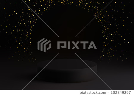Luxurious black round podium with gold glitter background.3d podium for product promotion and advertising. Luxurious black round podium with gold glitter background.3d podium for product promotion and advertising. 102849297