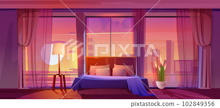 Bedroom interior room with sunset cityscape view 102849356
