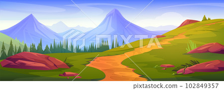 Cartoon mountain landscape with foothpath 102849357